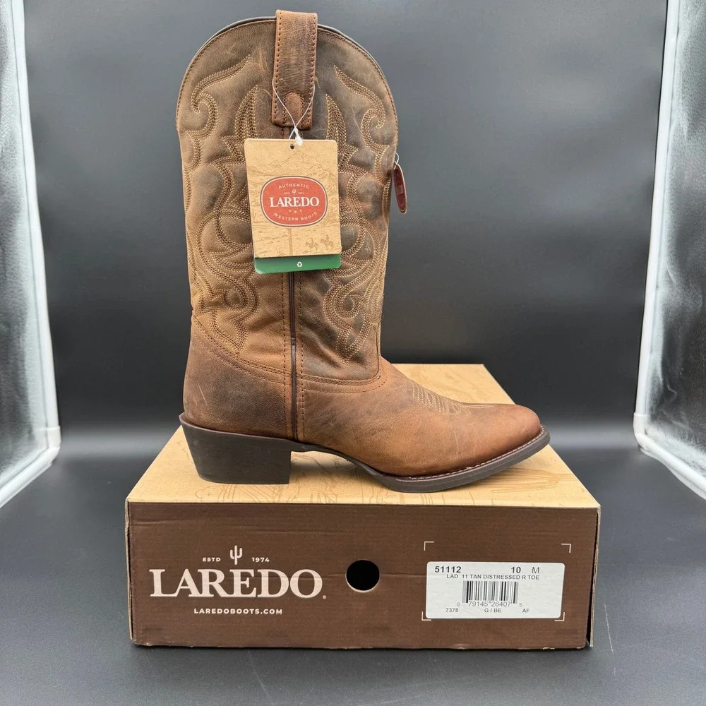 Laredo 51112 Womens 10 M Tan Distressed Leather Western Cowboy Boots